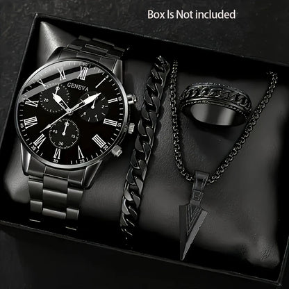 Mens Quartz Watch Necklace  Bracelet And Ring 4-Piece Set