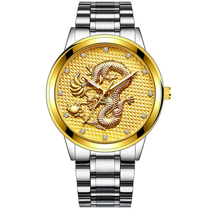 New Men's Embossed Golden Dragon Playing With Beads Diamond-inlaid Casual Business Quartz Watch