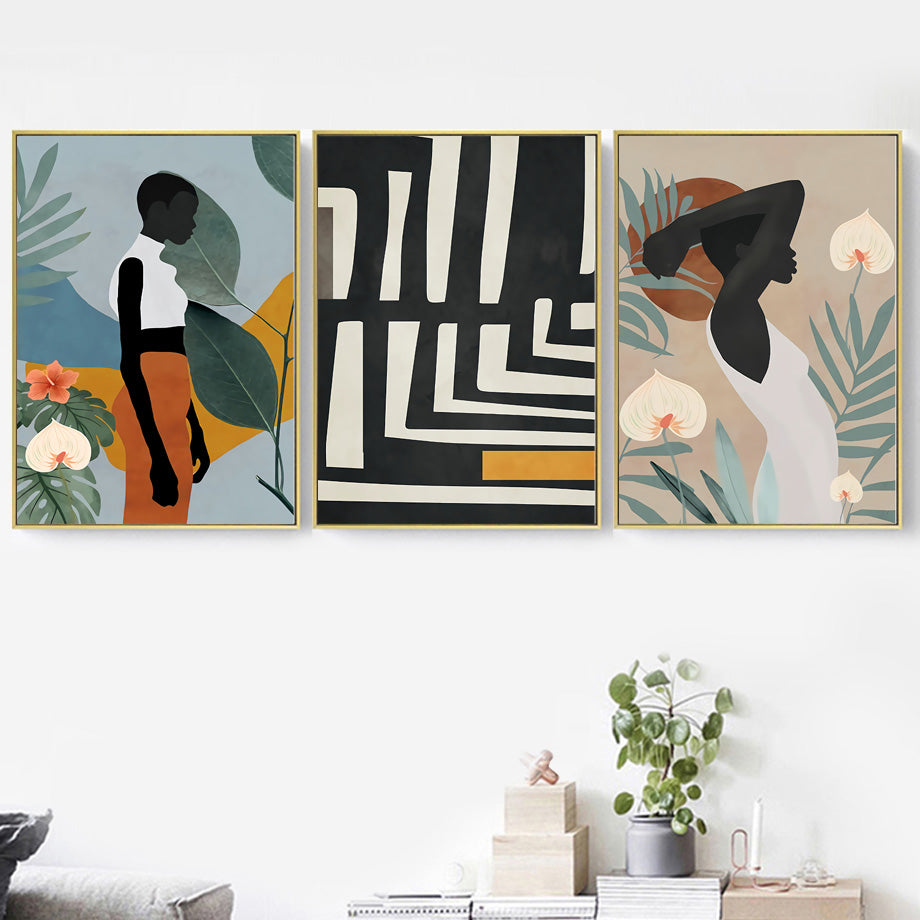 Abstract African Women Flower Leaf Mural Art Canvas Painting